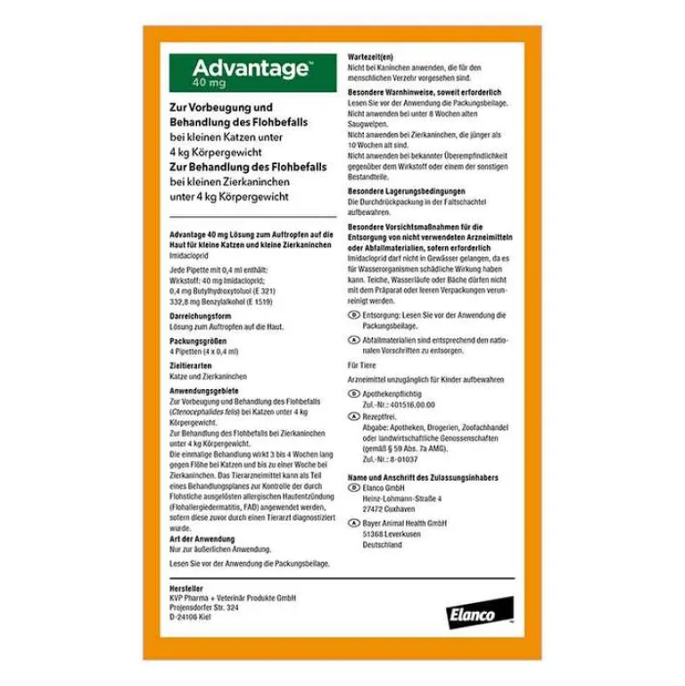 40 für kleine Katzen und Zierkaninchen unter 4 kg, 4X0.4 ml^Advantage