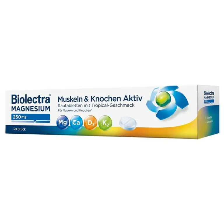 Biolectra Magnesium 250 mg Muskeln & Knochen Aktiv Kautabletten, 30 St- Vitamin K|Vitamin D (Colecalciferol)