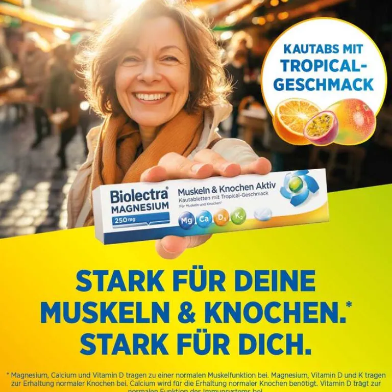 Biolectra Magnesium 250 mg Muskeln & Knochen Aktiv Kautabletten, 30 St- Vitamin K|Vitamin D (Colecalciferol)