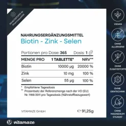 Vitamaze Biotin 10 mg hochdosiert + Zink + Selen Tabletten, 365 St- Vitamin B7 (Biotin)