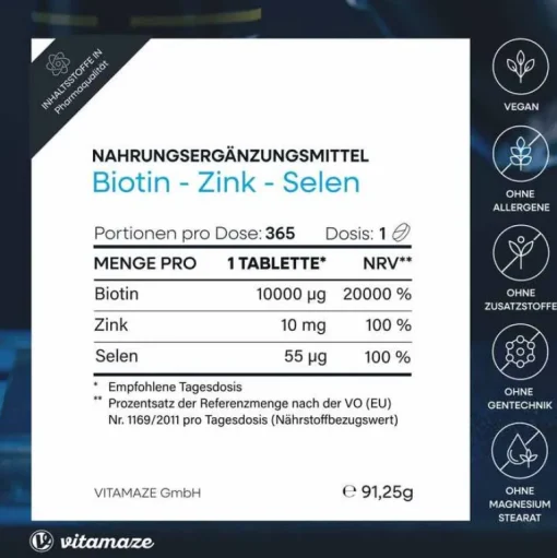Vitamaze Biotin 10 mg hochdosiert + Zink + Selen Tabletten, 365 St- Vitamin B7 (Biotin)