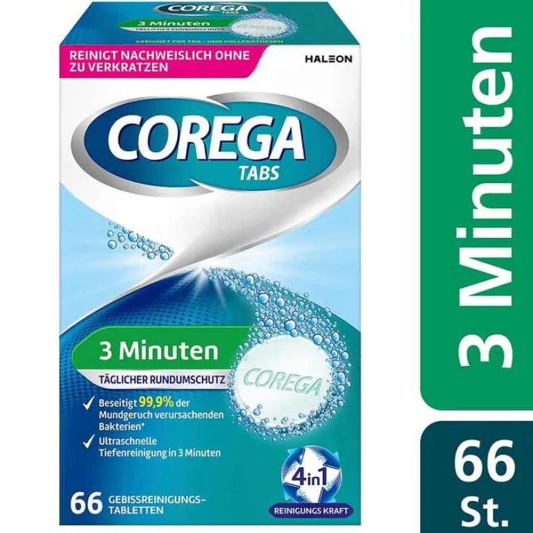 Corega Für Zahnprothesen-TABS 3 Minuten, für herausnehmbaren Zahnersatz/ dritte Zähne, 66 St