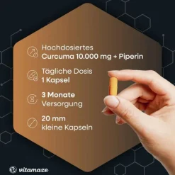 Vitamaze Curcuma 10.000 + Piperin hochdosiert vegan Kapseln, 90 St- Kurkuma Kapseln
