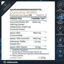 Vitamaze Curcuma 10.000 + Piperin hochdosiert vegan Kapseln, 90 St- Kurkuma Kapseln