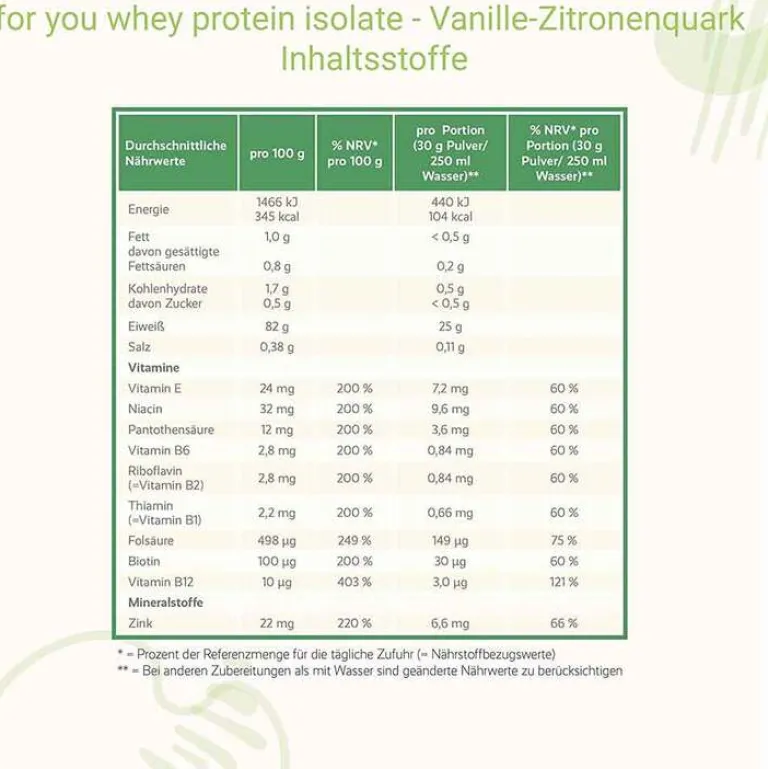 For You whey protein isolate Vanille-Zitronenquark, 600 g- Aminosäuren