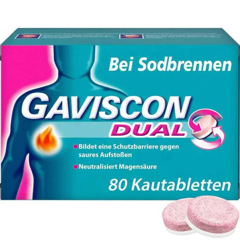 Gaviscon Sodbrennen Medikamente-® Dual Kautabletten mit Zweifachwirkung gegen Sodbrennen, 80 St