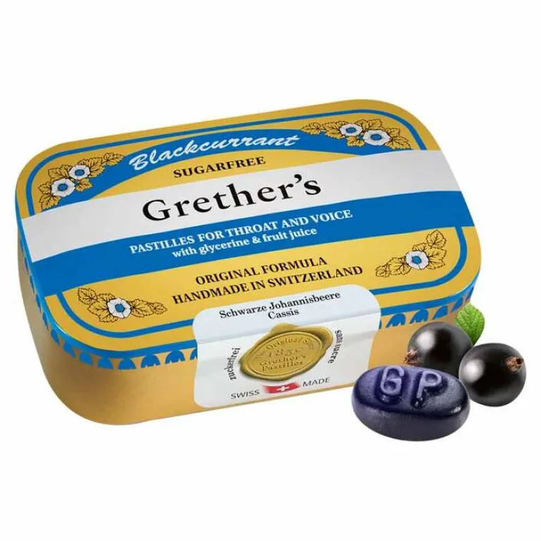 Grethers Pastilles Grethers Blackcurrant Silber zuckerfrei, 110 g- Bonbons