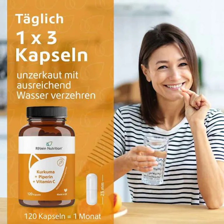 R(h)ein Nutrition Kurkuma Kapseln-Kurkuma 95% Curcumin + Piperin + Vitamin C vegan Kapseln , 120 St