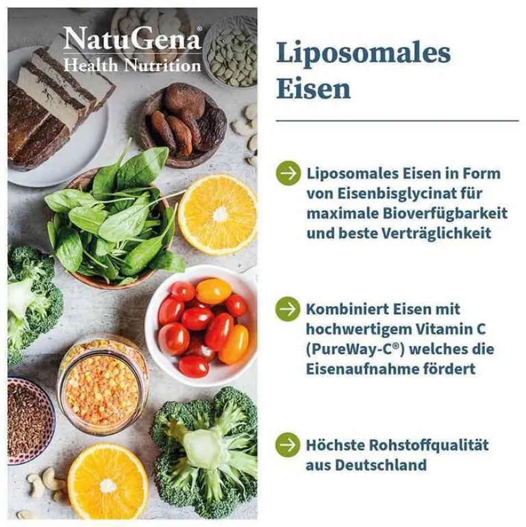 Natugena Vitamin C (Ascorbinsäure)-Liposomales Eisen + Vitamin C vegan Kapseln, 60 St