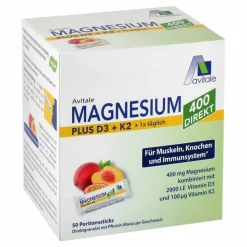Avitale Vitamin K|Vitamin D (Colecalciferol)-Magnesium 400 + D3 + K2 direkt Pfirsich Maracuja, 50X2.5 g