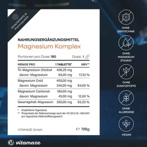 Magnesium 350 mg Komplex Citrat / Oxid / Carbonat vegan Tabletten , 180 St^Vitamaze Clearance