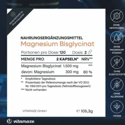Vitamaze Magnesium|Muskulatur-Magnesium Bisglycinat 750 mg vegan Kapseln, 120 St
