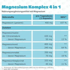 Magnesium|Erschöpfung-Magnesium Komplex 4in1 hochdosiert vegan Kapseln, 120 St