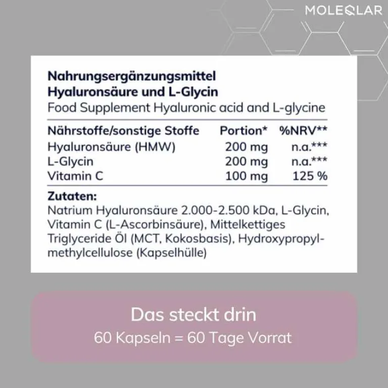 MoleQlar Hyaluronsäure-Longevity Hyaluron + Glycin Kapseln, 60 St