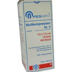 Fesmed Mullkompressen ES 7,5x7,5 cm unsteril 16-fach Größe 2, 100 St- Sterile Kompressen