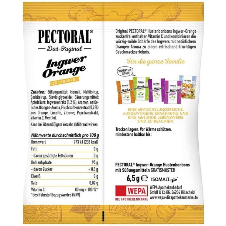 Pectoral Husten & Halsbonbons-Ingwer Orange Bonbons zuckerfrei, 60 g