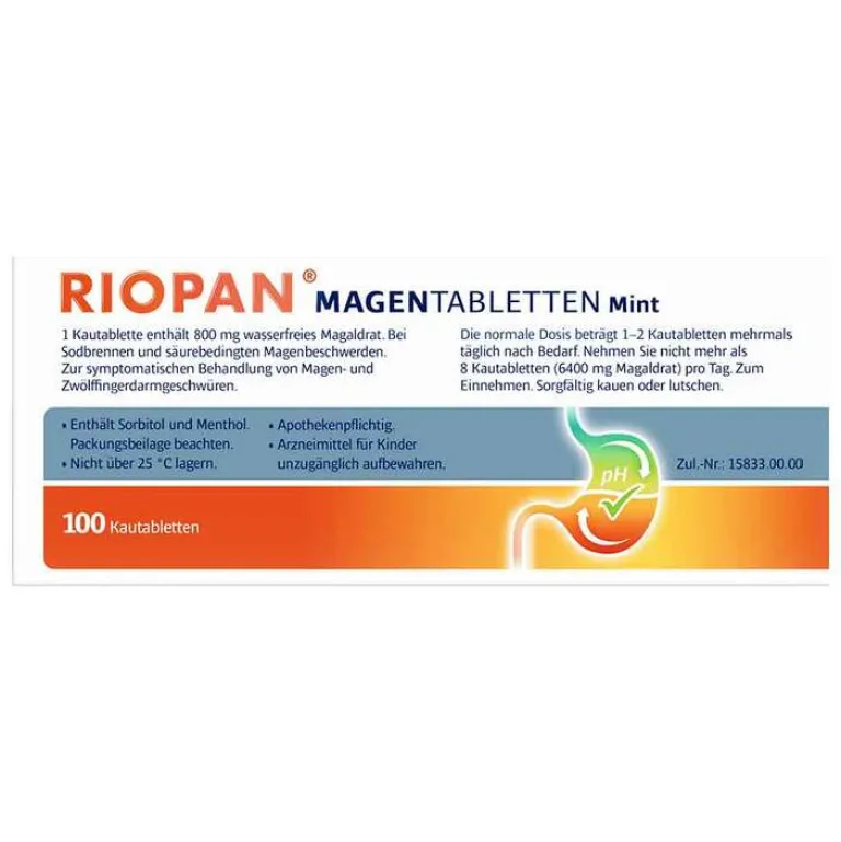 Riopan Sodbrennen Medikamente-Magen Tabletten Mint 800 mg Kautabletten, 100 St