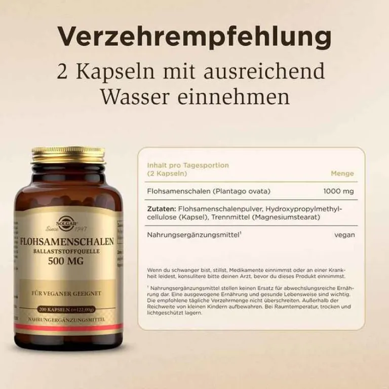 Flohsamenschalen-Solgar Flohsamenschalen 500 mg Kapseln, 200 St