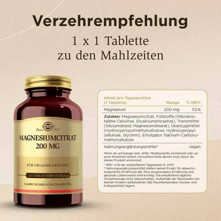 Solgar Magnesium Citrat 200 mg Tabletten, 120 St- Magnesium