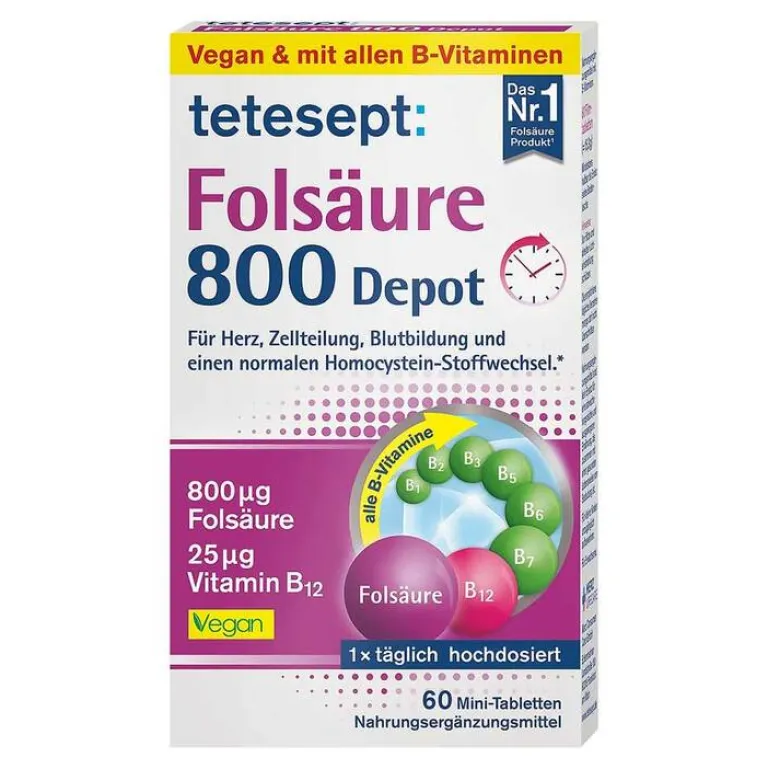 Tetesept Vitamin B9 (Folsäure)-Folsäure 800 Depot Tabletten, 60 St