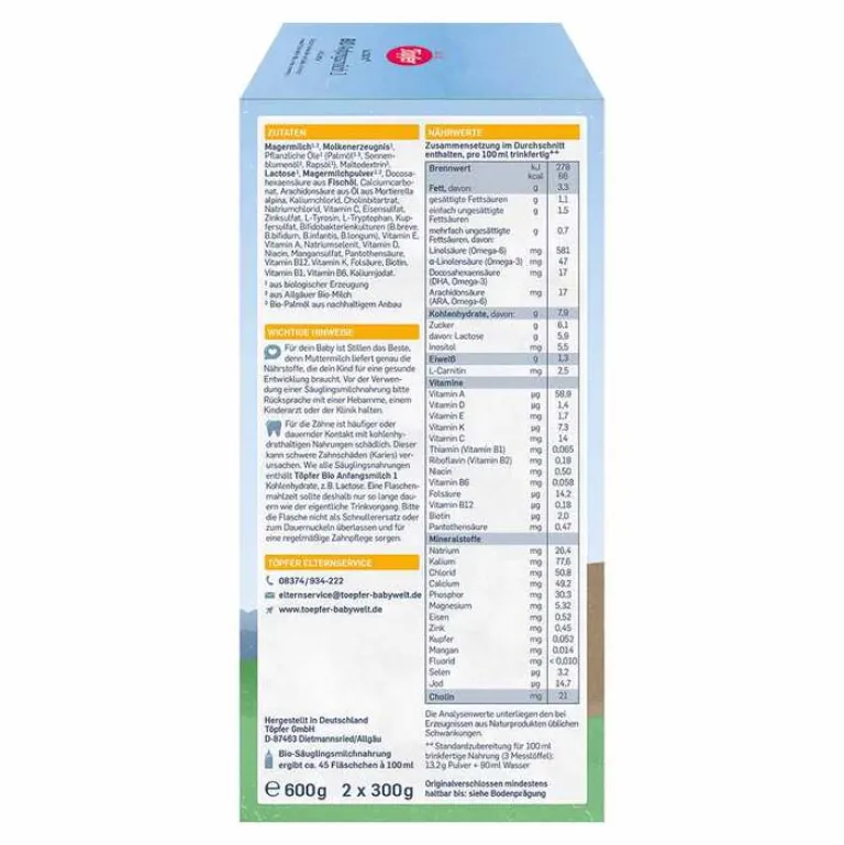 Töpfer Lactana Bio 1 Pulver, 600 g- Babymilch