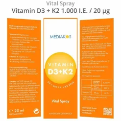 Mediakos Vitamin K|Vitamin D (Colecalciferol)-Vitamin D3 + K2 1000 I.E. 20 µg Vital Spray, 20 ml