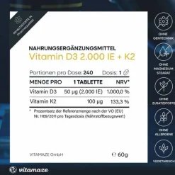 Vitamaze Vitamin D3 K2 2000 I.E. / 100 µg hochdosiert Tabletten , 240 St- Vitamin K|Vitamin D (Colecalciferol)