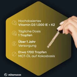 Vitamaze Vitamin D3 K2 1000 I.E. / 10 µg Tropfen hochdosiert, 50 ml- Vitamin D (Colecalciferol)