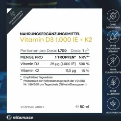 Vitamaze Vitamin D3 K2 1000 I.E. / 10 µg Tropfen hochdosiert, 50 ml- Vitamin D (Colecalciferol)
