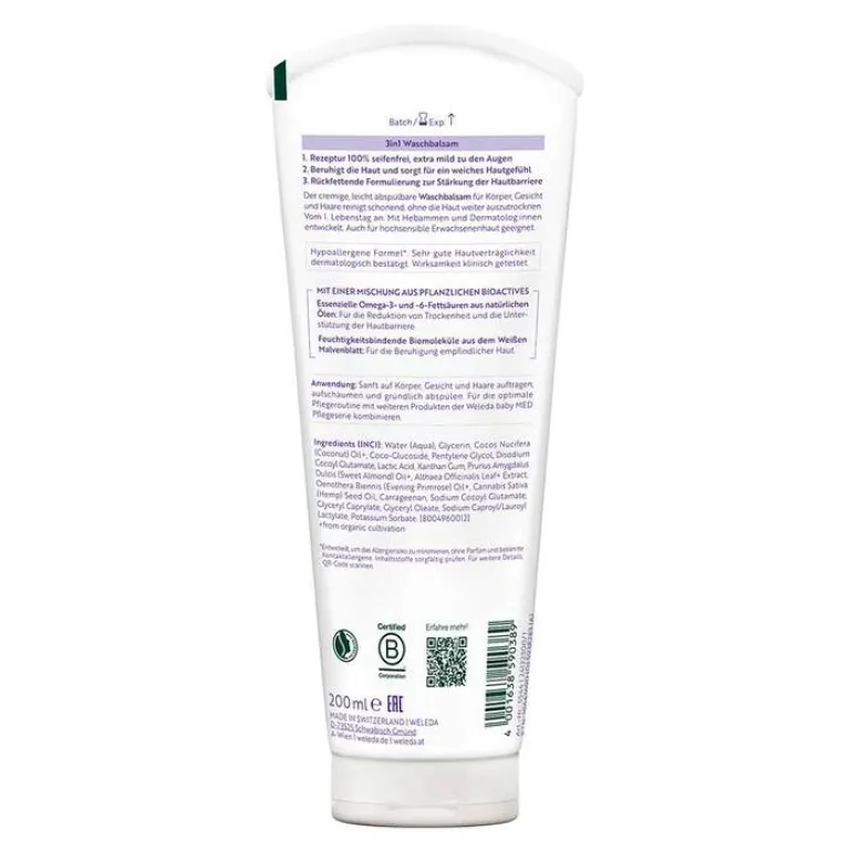 Weleda 3in1 Waschbalsam weiße Malve, 200 ml-Kinder Haut- & Haarpflege|Duschen & Waschen