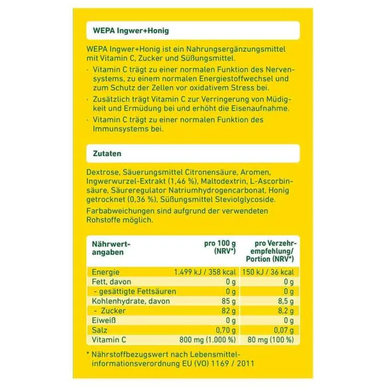 Wepa Vitamin C (Ascorbinsäure)-Ingwer + Honig + Vitamin C Pulver, 10X10 g