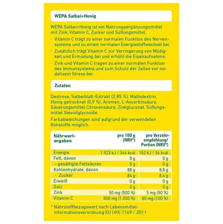 Wepa Salbei + Honig + Vitamin C + Zink Pulver, 10X10 g- Vitamin C (Ascorbinsäure)